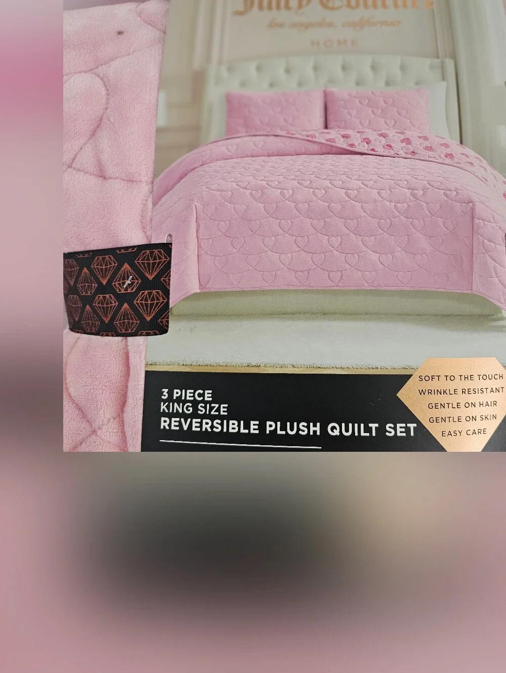 NWT JUICY COUTURE KING SIZED 3 PIECE PLUSH REVERSIBLE QUILT SET! PINK! JC!